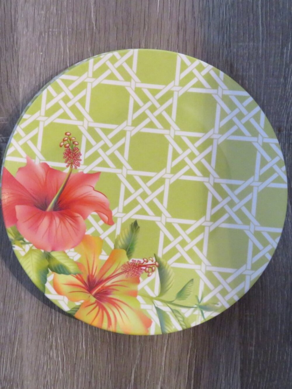 Set of 4 Melamine Plates Hibiscus Flower & Lattice Pattern (K857)